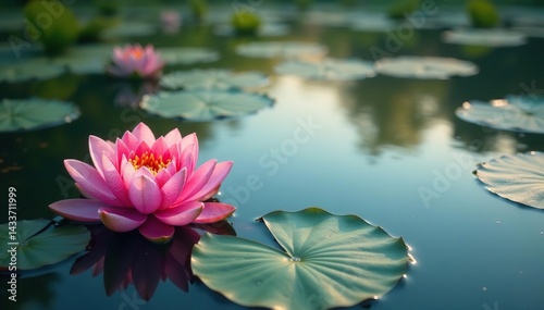 Intricate water lilies float on calm lake, creating floral pattern , reflection, botanical