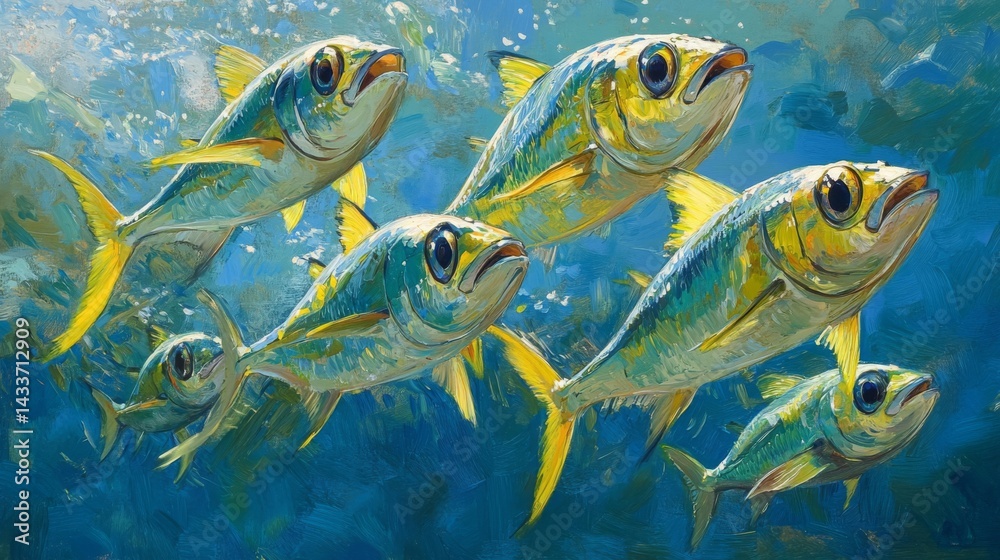 Naklejka premium Vibrant Yellow Fish School Underwater Painting