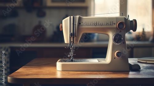Vintage Sewing Machine on Wooden Table in Retro Kitchen Setting