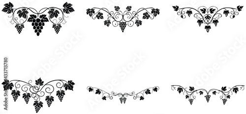 Vine and grapes hand drawn line art silhouette vector set design