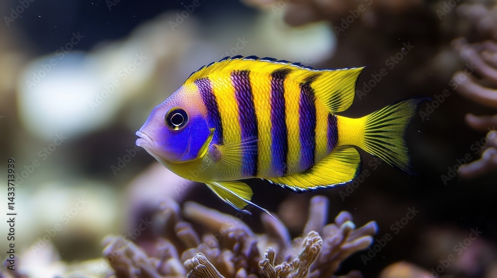 Vivid Yellow and Blue Striped Fish Swimming in Coral Reef Habitat