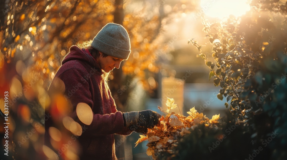 Warm Autumn Day with Person Collecting Leaves in Golden Light