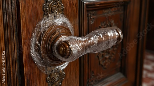 Vintage Wooden Door Handle Wrapped in Plastic for Restoration Purposes