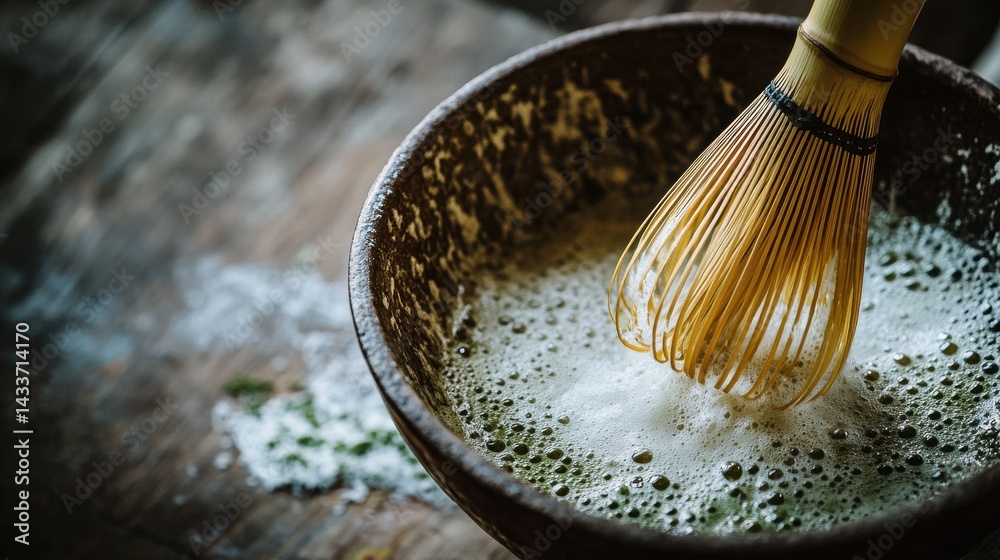 Whisking Dough in Rustic Wooden Bowl with Flour on Table Surface