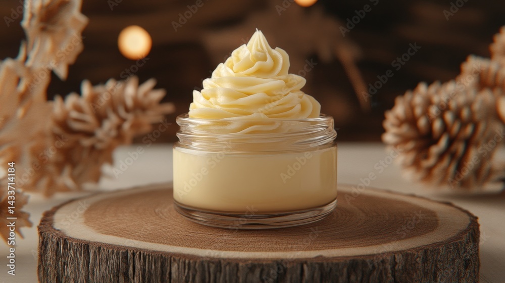 Whipped Cream Cosmetic Cream in Clear Jar on Wooden Background