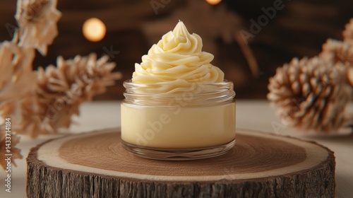 Obraz na płótnie Whipped Cream Cosmetic Cream in Clear Jar on Wooden Background w salonie
