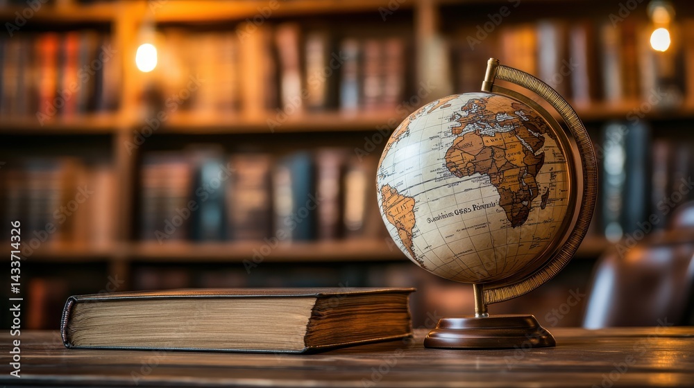 Wooden Globe on Desk with Decorative Books in Library Setting
