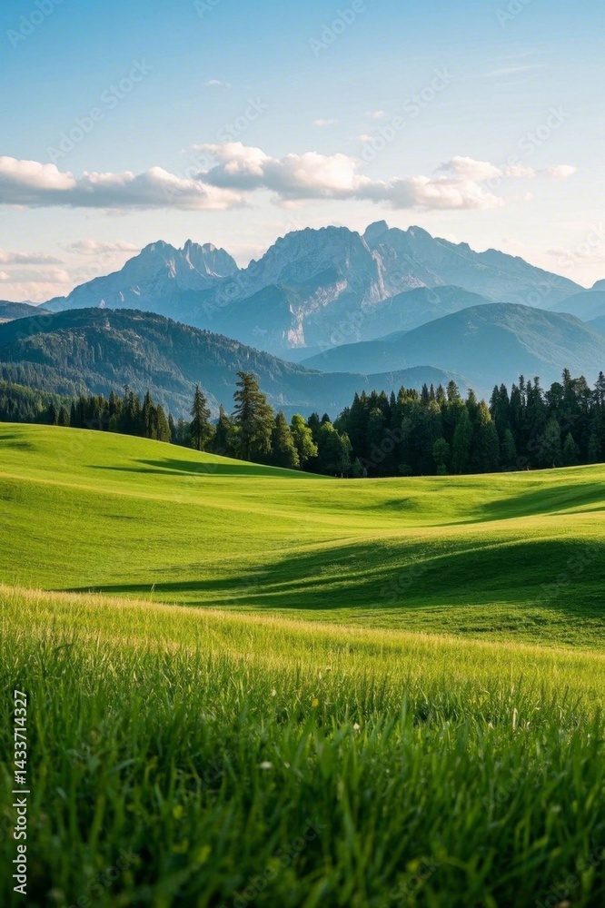 Obraz premium a view of a green field with mountains in the background