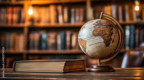 Obraz na płótnie Wooden Globe on Desk with Decorative Books in Library Setting w salonie