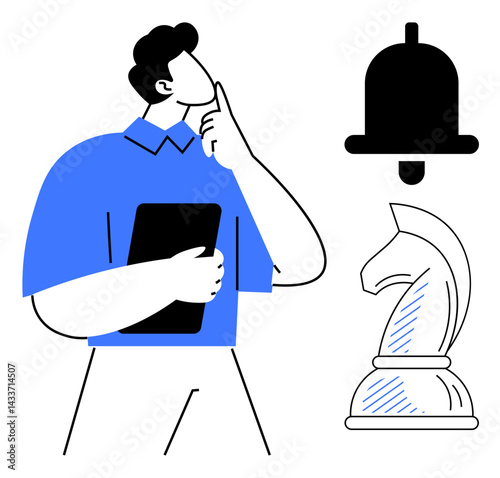 Man holding tablet, pondering next steps surrounded by alert bell and knight chess piece. Ideal for problem-solving, strategy, decision-making, planning, innovation, critical thinking, flat simple