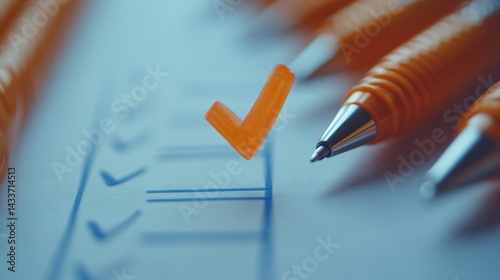 Orange pen marks checklist, showing confirmation, assignment, choice and progress toward assessment of survey.