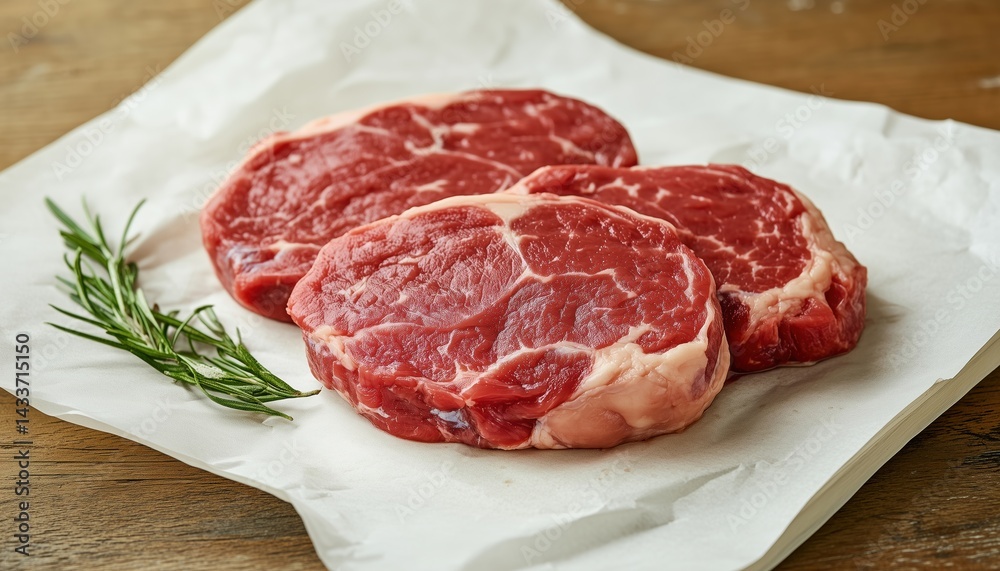 Top View Of Raw Salmon, Beef, And Chicken Meat Steaks On A White Wooden Board - Organic Food Display. View From Above. Top View Of Raw Salmon, Beef, And Chicken Meat Steaks On A White Wooden Board - Organic Food Display. View From Above.