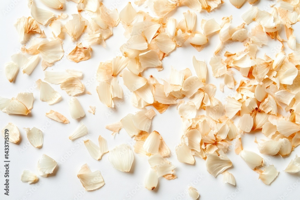 Scattered light brown flower petals on white background Scattered light brown flower petals on white background