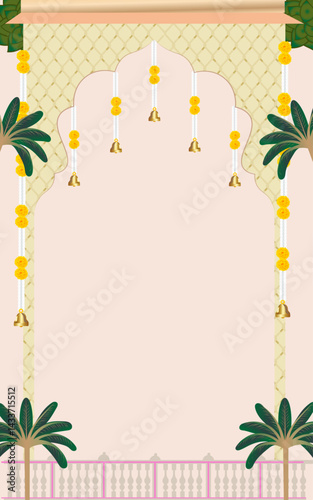 Moroccan decorative floral wallpaper with peacock, dates tree, plant seamless pattern