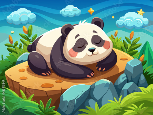 vector of An adorable giant panda bear is sleeping on a rock