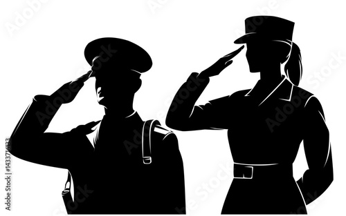 silhouette of a salute soldier military salute in black and white background.Silhouette of Soldier woman salute on white, for military background purposes, military events, defense day nationalsecurit