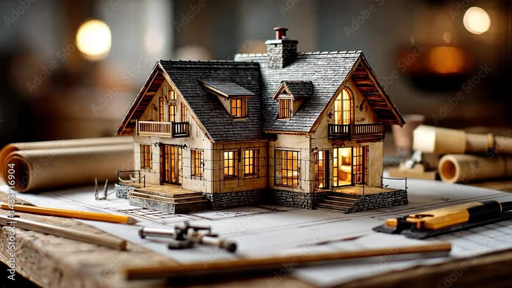 Cozy house model atop blueprints, warm lighting, and drafting tools Cozy house model atop blueprints, warm lighting, and drafting tools