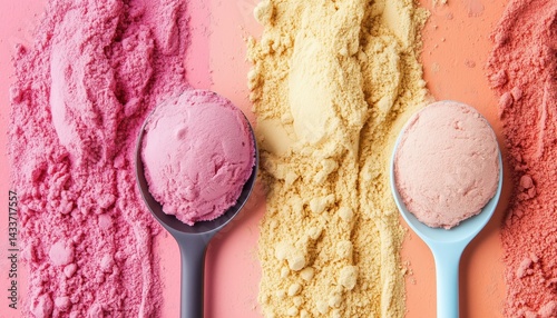 Up-Close View Of Protein Powder And Measuring Scoops Captured In Detailed Imagery For A Clearer Perspective On Fitness Supplements.