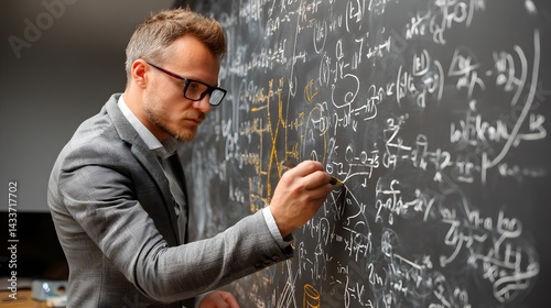 A focused male professor writes complex mathematical equations on a large blackboard in a classroom setting.