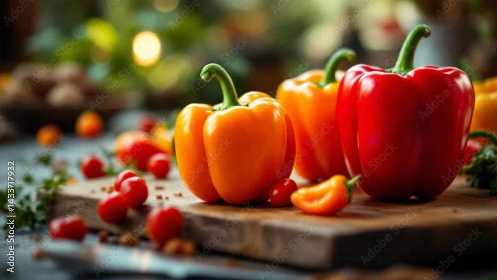 Fresh colorful peppers on the wooden chopping board.