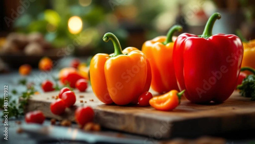 Obraz na płótnie Fresh colorful peppers on the wooden chopping board. w salonie