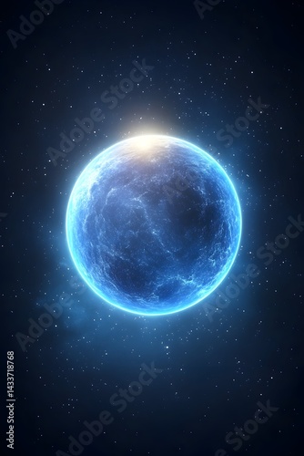 A luminous, icy blue planet glows in the dark expanse of space, surrounded by distant stars