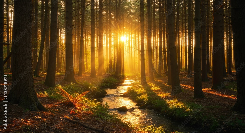Fototapeta premium An enchanting forest scene illuminated by the golden light of a setting sun. The sun’s rays filter through the dense canopy of tall trees