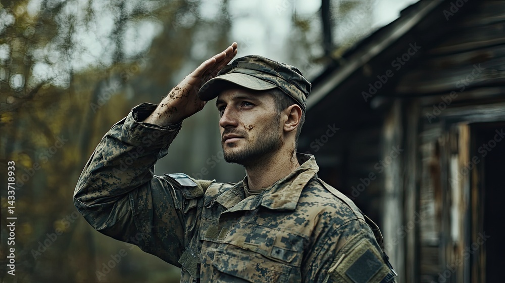 Obraz premium A soldier in camouflage military uniform salutes in front of a house, with an American flag visible in the background.