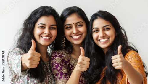 Three Joyful Indian Women Giving A Thumbs-Up Gesture While Posing Together Against A White Background. A Positive And Uplifting Image. photo