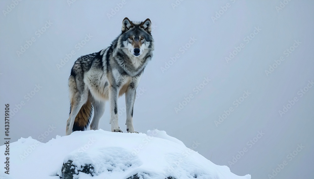 Fototapeta premium A lone grey wolf standing atop a snowy ridge, piercing eyes scanning the vast, frozen wilderness under a moody, overcast sky.