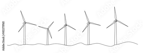 continuous single line drawing of wind farm  renewable energy wind turbines line art vector illustration