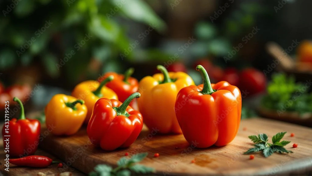 Fresh colorful peppers on the wooden chopping board.