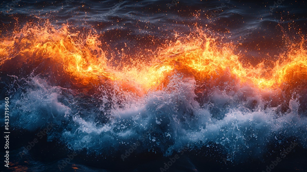 Fototapeta premium Fiery waves crashing, ocean fire and water.