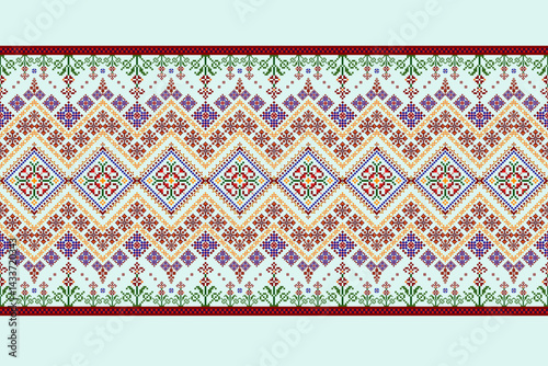 Geometric pixelated Arabic patterns on the fabric reflect the ornate and ethnicity,grid floral,grid colourful, backgrounds, seamless grid design for carpet,textile,textured,wallpaper,print,decorate