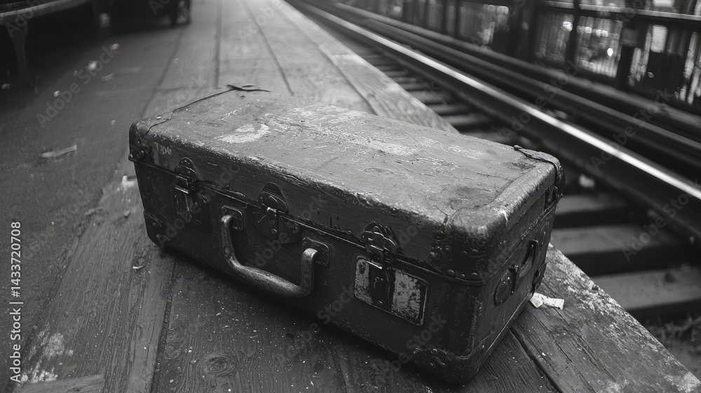 Abandoned suitcase rests on vast, empty subway platform reflecting a sense of solitude and quietness