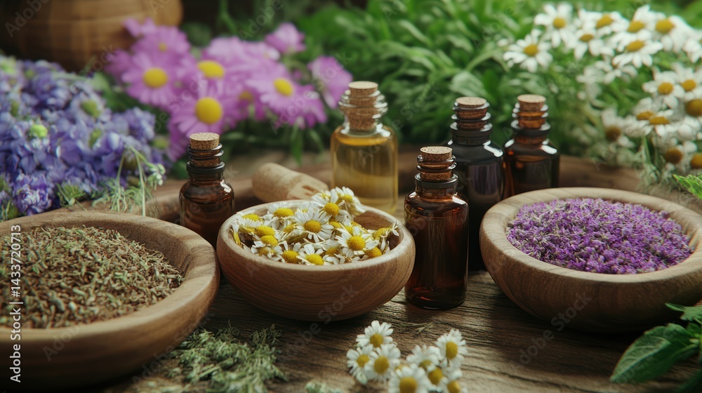 Essential oils, botanicals display in wooden bowls, small bottles, promoting holistic health, natural wellness. Essential oils, botanicals display in wooden bowls, small bottles, promoting holistic health, natural wellness.