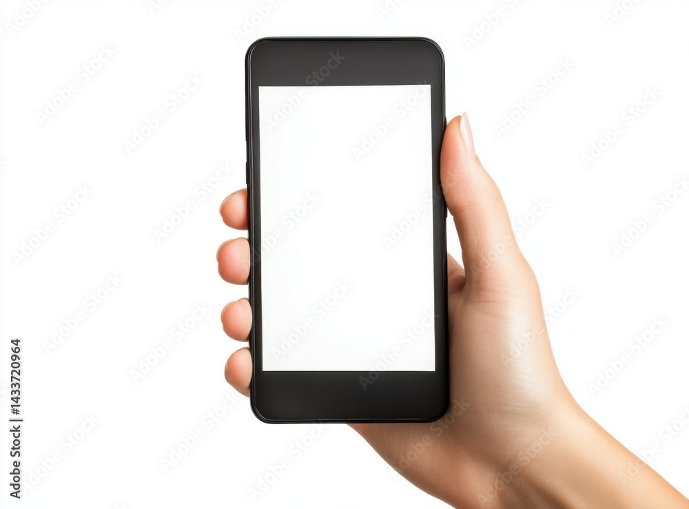 A hand holds a black smartphone with a blank white screen (1) A hand holds a black smartphone with a blank white screen (1)