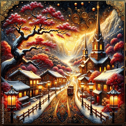 A quaint village scene is set aglow with warm lights, featuring snow-covered rooftops and vibrant red trees. A tram traverses along the winding tracks, leading to grand spired buildings, (Gen, A.I.)