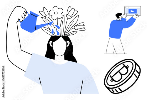 Woman nurturing creativity with flowers growing, man viewing video content, Bitcoin coin representation. Ideal for self-development, online education, creative thinking, digital innovation