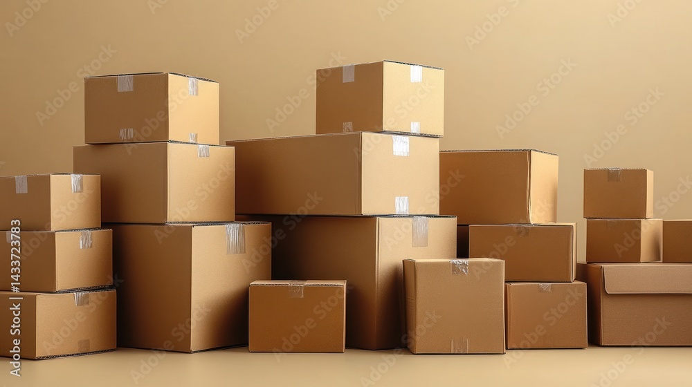 Stack of cardboard boxes on a beige background. Stack of cardboard boxes on a beige background.