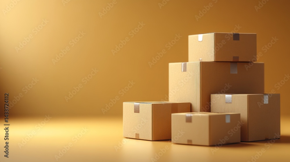 Obraz premium Stack of cardboard boxes on a surface with a blurred background.