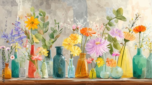 Watercolor painting of colorful flowers in glass vases, floral arrangement concept. Perfect for home decor, greeting cards, spring designs.