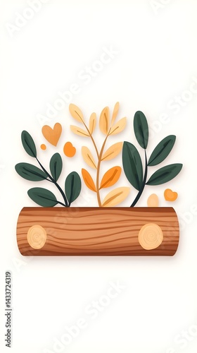 A wood log planter with stylized green and yellow leaves, small hearts, and dots