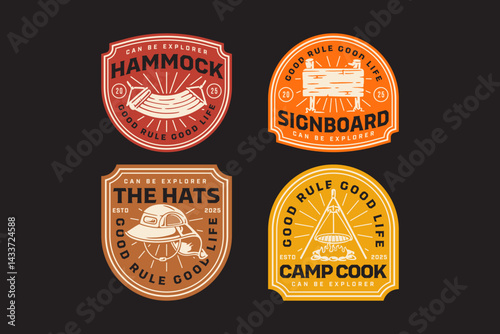 hammock, hat outdoor, wooden signboard, signpost, campfire cooking, bonfire, hanging bed retro badge logo vector design collection set for adventure, outdoor, camper, explorer, mountaineer and hiker