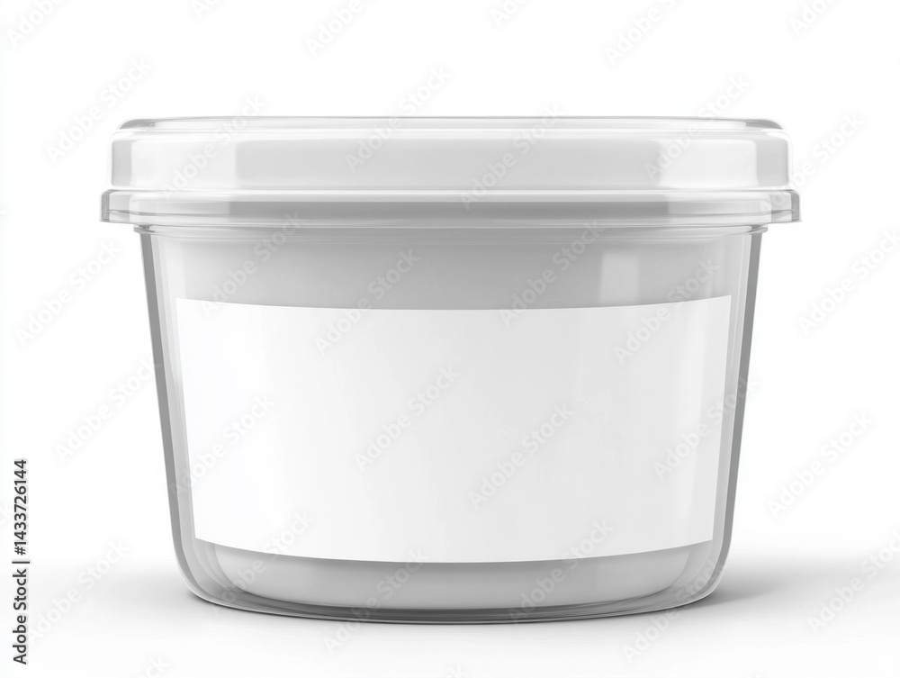Clear plastic container with white lid and blank label, suitable for various storage purposes in home or commercial settings Clear plastic container with white lid and blank label, suitable for various storage purposes in home or commercial settings