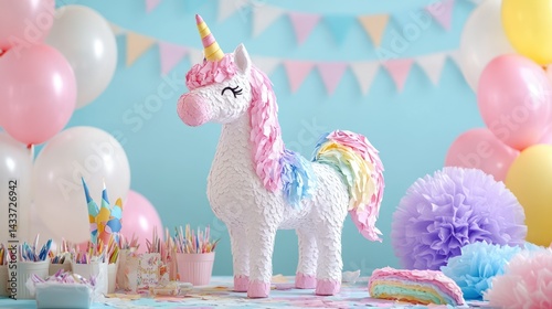 Unicorn piñata stands ready for celebration among colorful balloons, confetti, party decorations creating festive atmosphere.