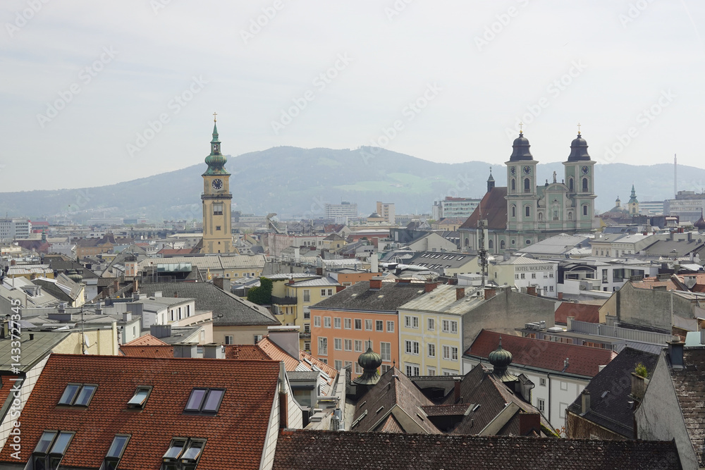 The view of Old Dom Cathedral and Maria Himmerfahrt Church from the Castle hill,. Linz, Austria
