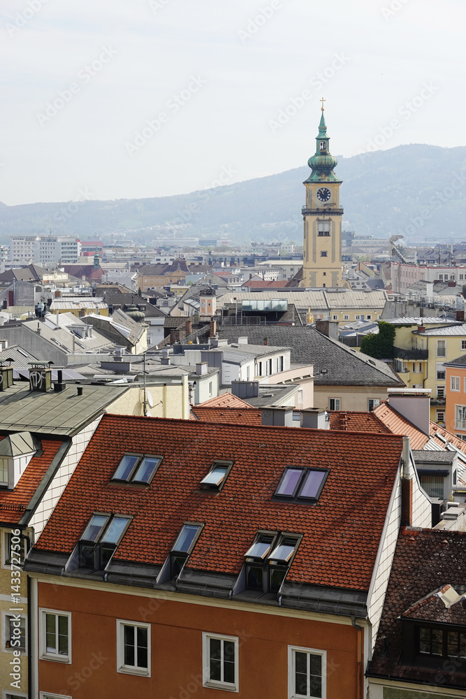 The view of Old Dom Cathedral and Maria Himmerfahrt Church from the Castle hill,. Linz, Austria