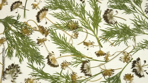Pressed drying of heads of dried green dill umbels and green leaves on a white background.  Oshibana art, pressed flower art, decorative panel.
