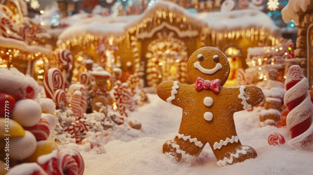 Obraz premium Gingerbread man stands happy in sugary Christmas village, celebrates festivity with sweetness, holiday spirit.